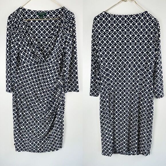Lauren Ralph Lauren Size 16 Elsie Dark Navy  White Faux Wrap Style Dress - Picture 1 of 7